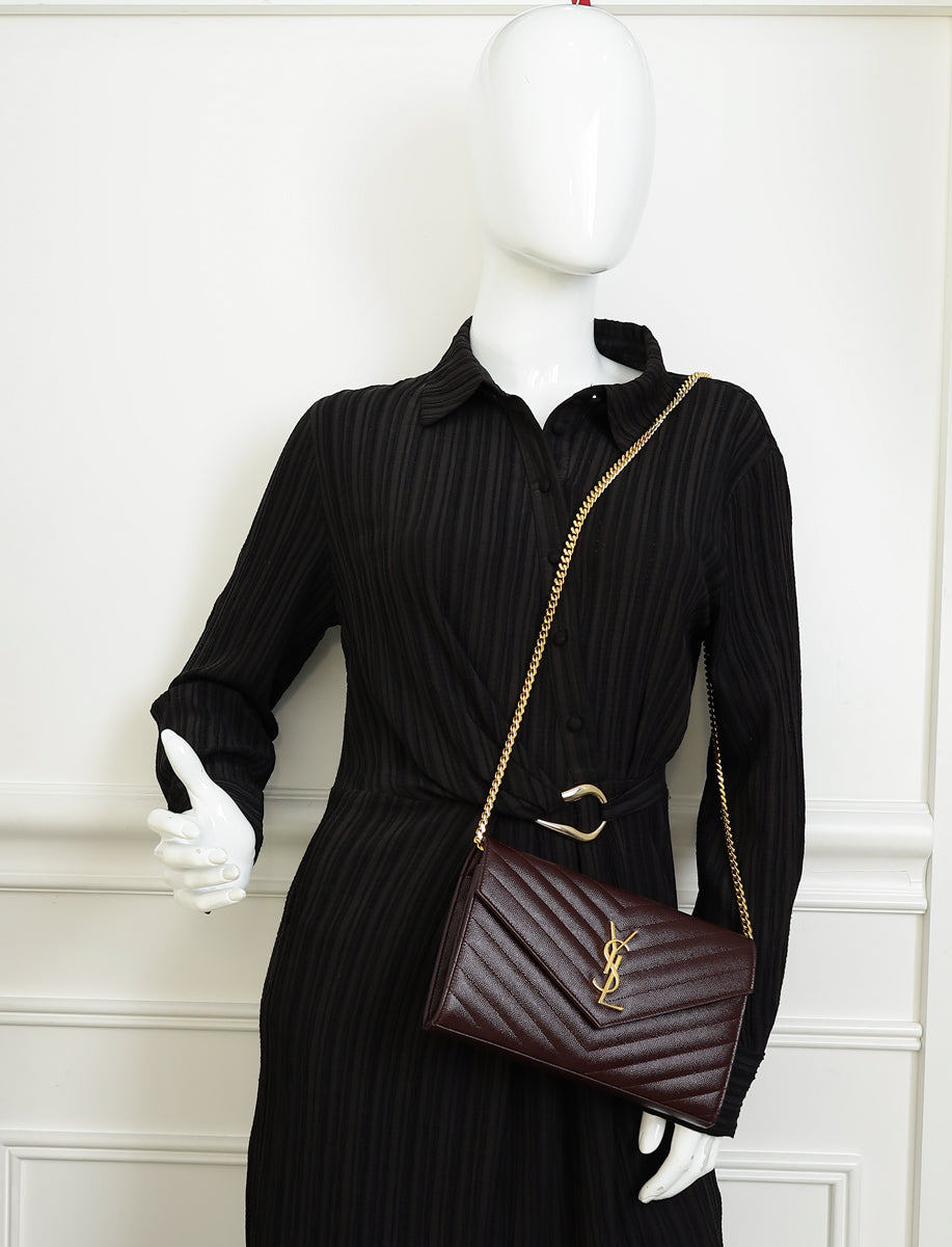 YSL Burgundy Cassandre Chevron Wallet On Chain