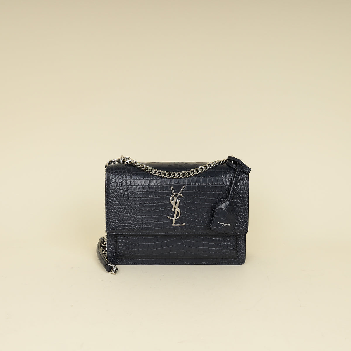 YSL Dark Blue Croco Embossed Sunset Chain Shoulder Bag-YSL-THE CLOSET
