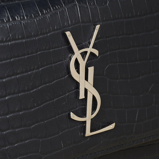 YSL Dark Blue Croco Embossed Sunset Chain Shoulder Bag-YSL-THE CLOSET