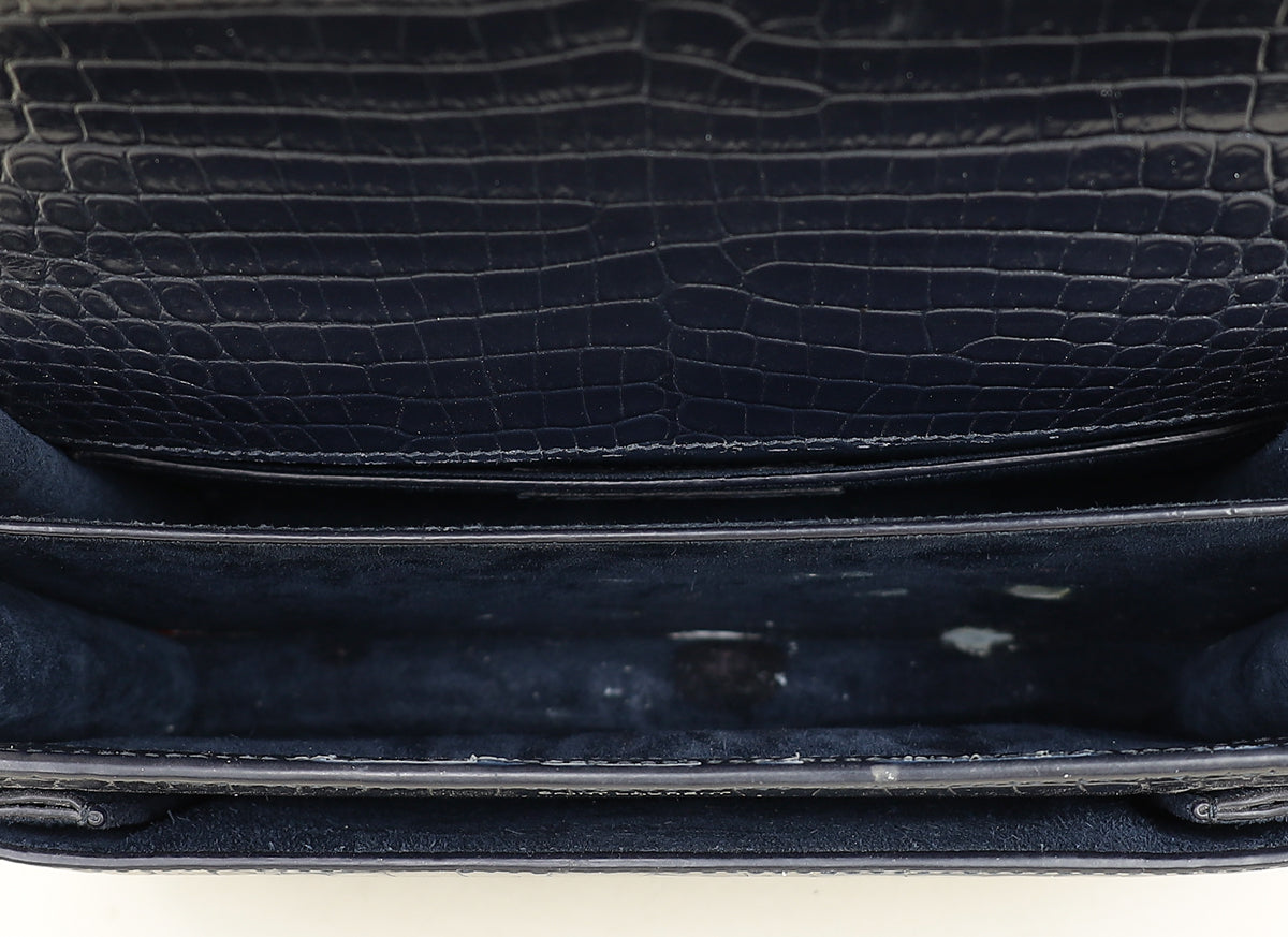 YSL Dark Blue Croco Embossed Sunset Chain Shoulder Bag-YSL-THE CLOSET