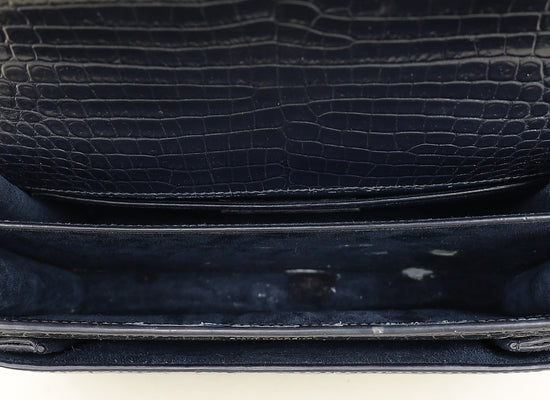 YSL Dark Blue Croco Embossed Sunset Chain Shoulder Bag-YSL-THE CLOSET
