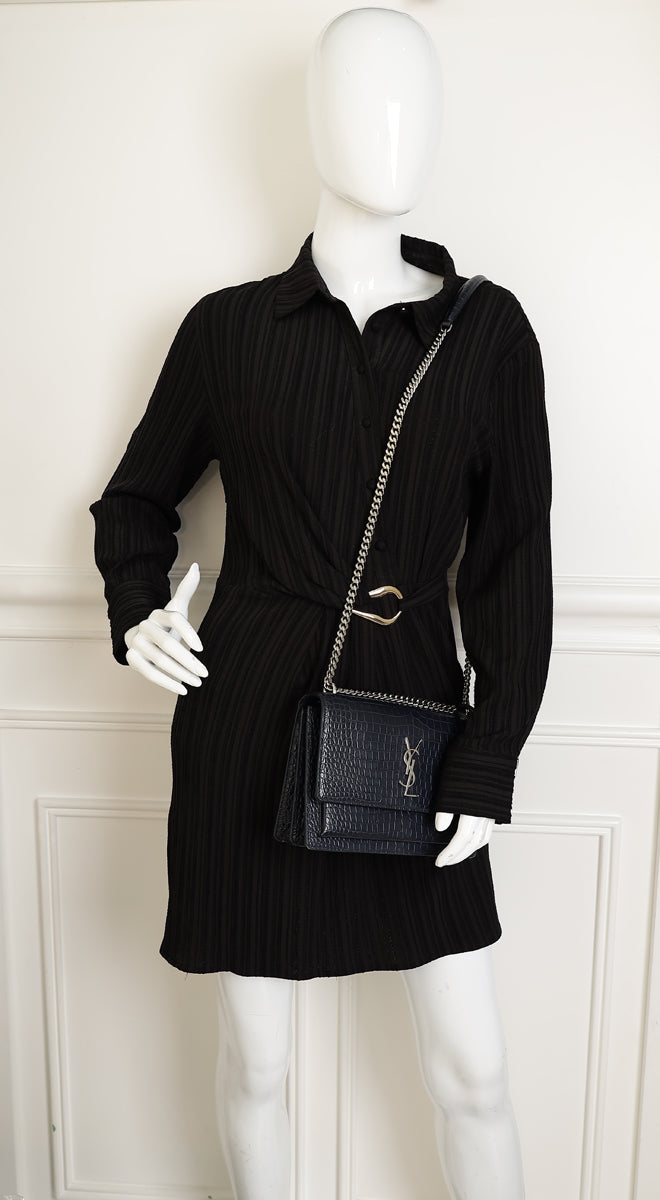YSL Dark Blue Croco Embossed Sunset Chain Shoulder Bag-YSL-THE CLOSET