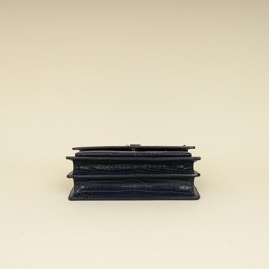 YSL Dark Blue Croco Embossed Sunset Chain Shoulder Bag-YSL-THE CLOSET