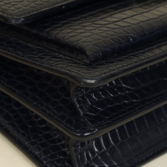 YSL Dark Blue Croco Embossed Sunset Chain Shoulder Bag-YSL-THE CLOSET