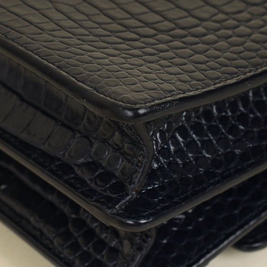 YSL Dark Blue Croco Embossed Sunset Chain Shoulder Bag-YSL-THE CLOSET