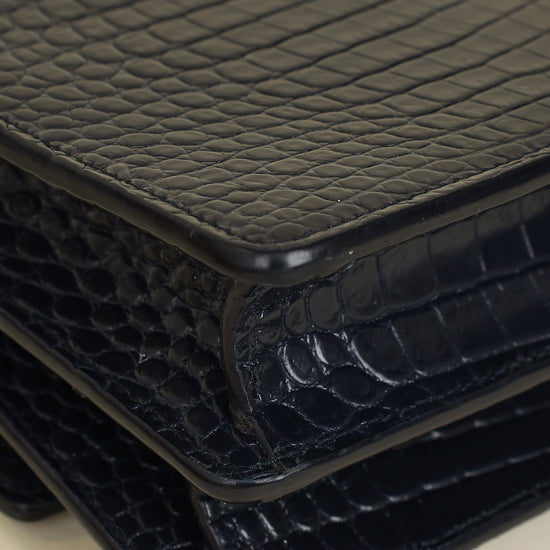 YSL Dark Blue Croco Embossed Sunset Chain Shoulder Bag-YSL-THE CLOSET