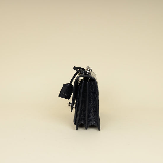 YSL Dark Blue Croco Embossed Sunset Chain Shoulder Bag-YSL-THE CLOSET