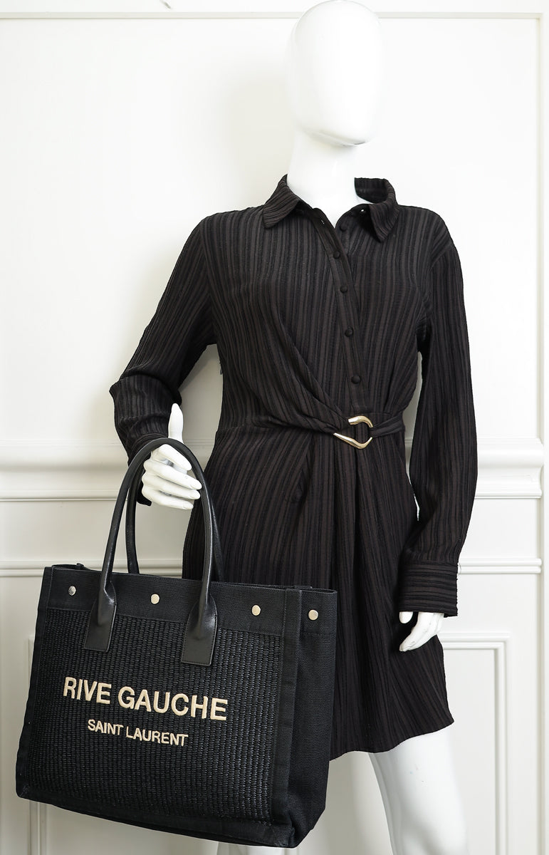 YSL Black Rive Gauche Raffia Small Tote Bag