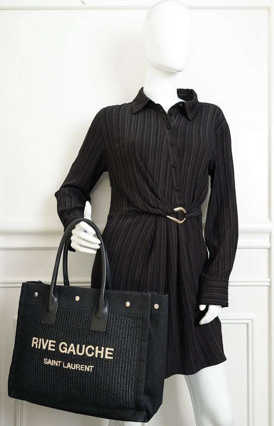 YSL Black Rive Gauche Raffia Small Tote Bag
