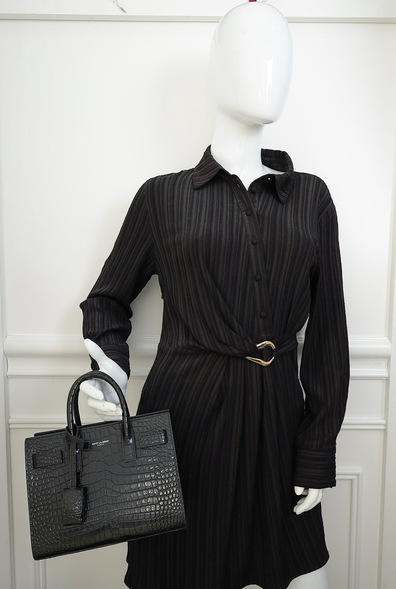 YSL Black Sac De Jour Croco Embossed Nano Bag
