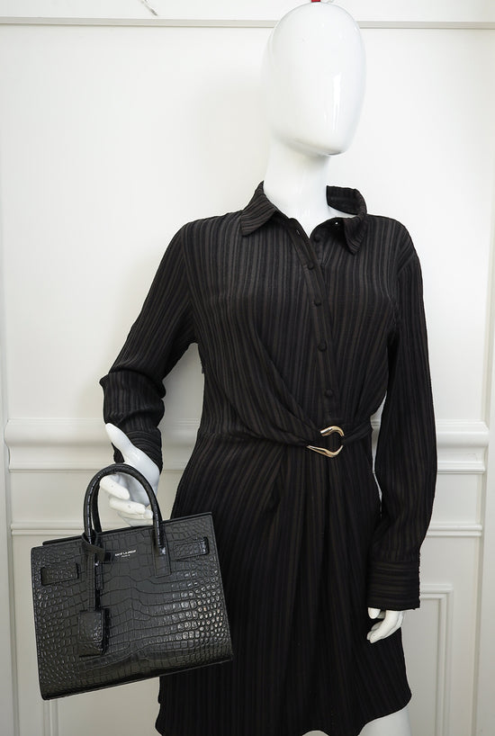 YSL Black Sac De Jour Croco Embossed Nano Bag