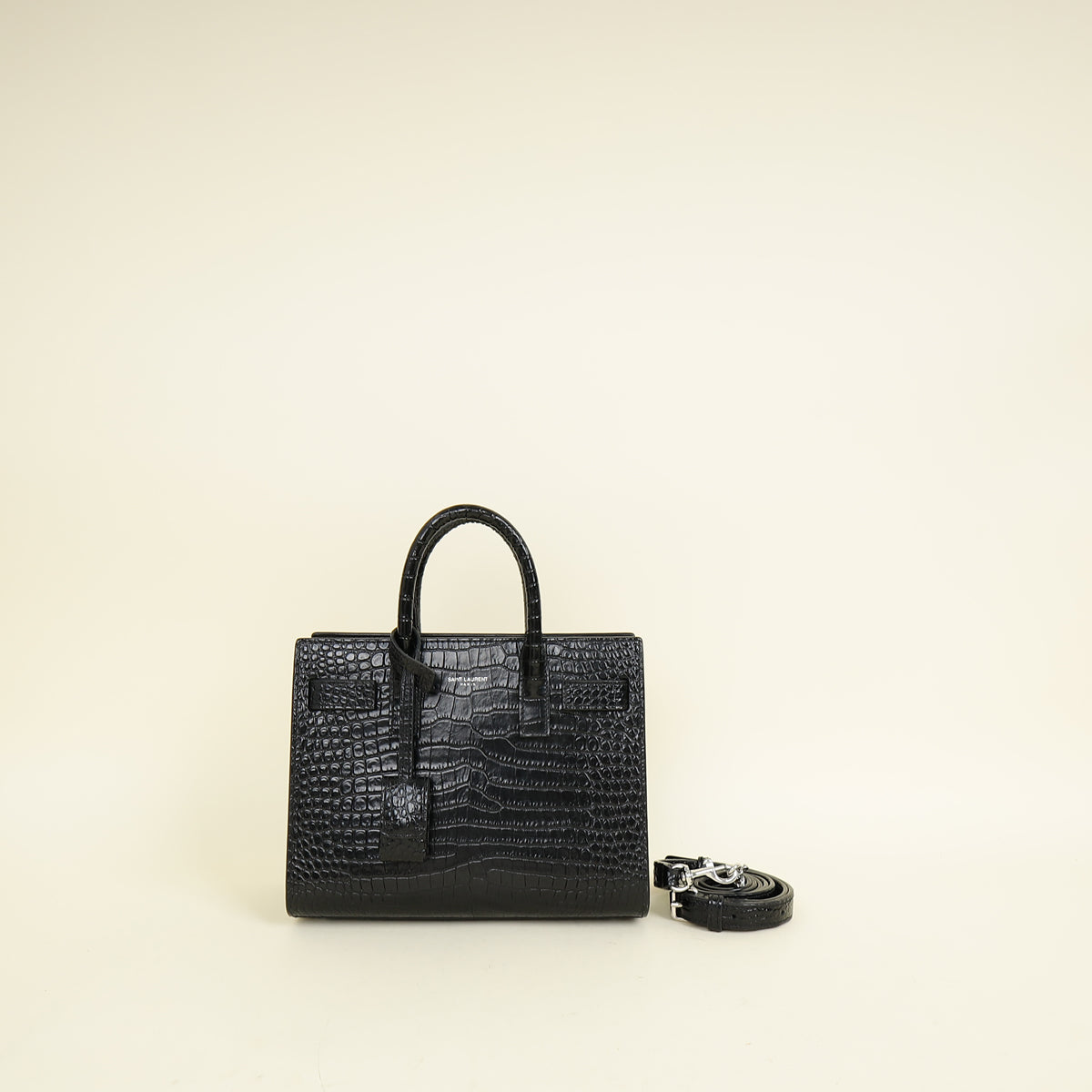 YSL Black Sac De Jour Croco Embossed Nano Bag