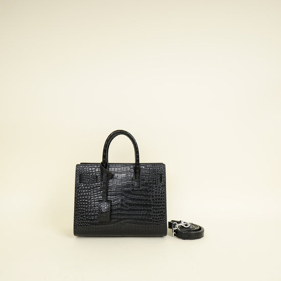 YSL Black Sac De Jour Croco Embossed Nano Bag