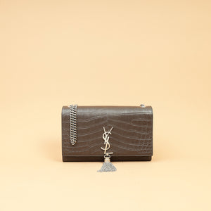 YSL Brown Croco Embossed Tassel Kate Bag