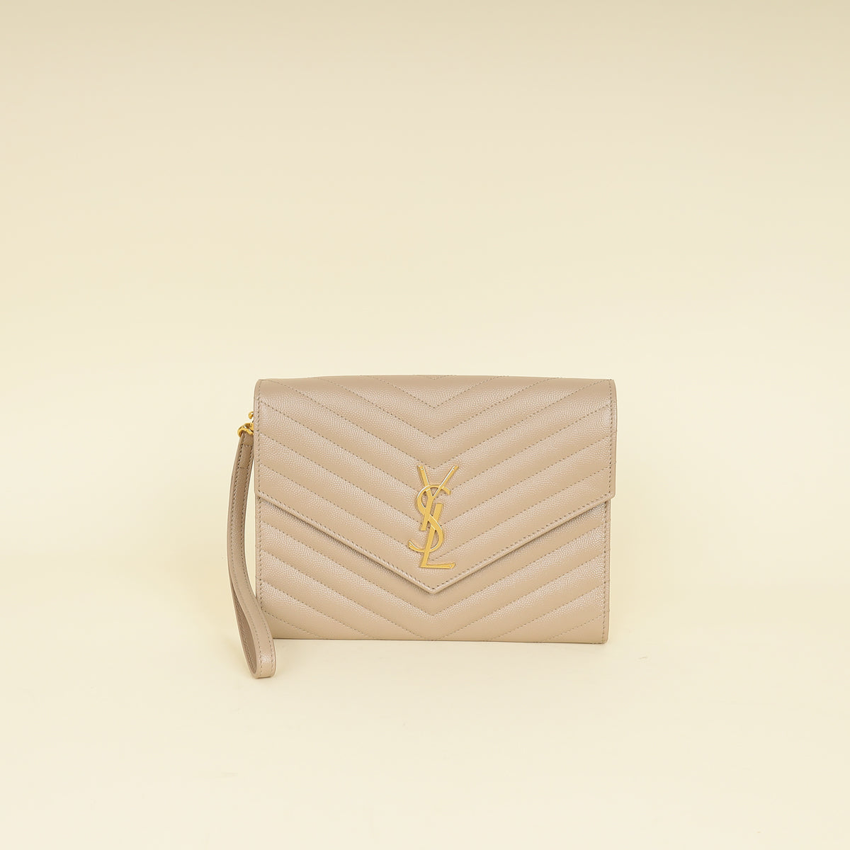YSL Beige Cassandre Matelasse Flap Pouch-YSL-THE CLOSET