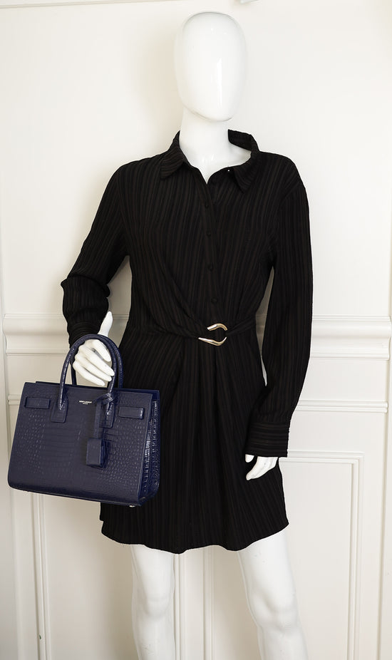YSL Navy Blue Croco Embossed Sac De Jour Baby Bag