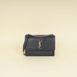 YSL Dark Grey Sunset Croc Embossed Medium Shoulder Bag