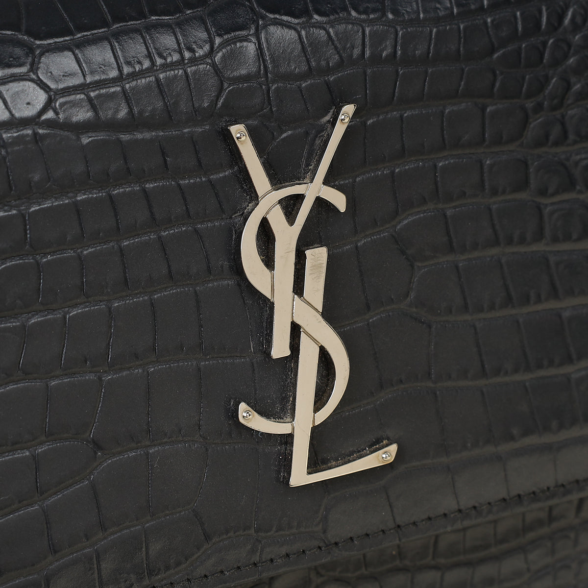 YSL Dark Grey Sunset Croc Embossed Medium Shoulder Bag