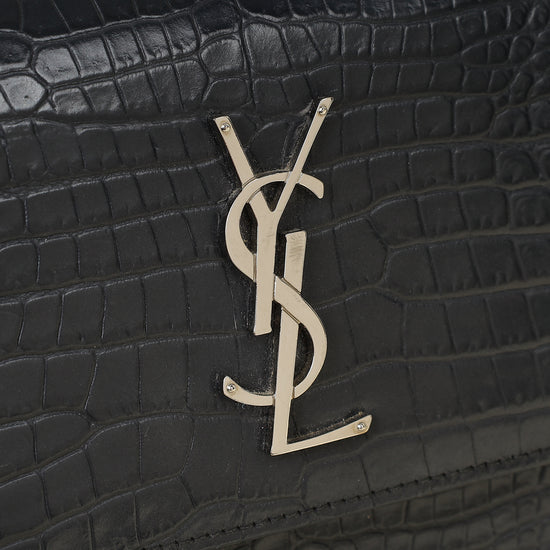 YSL Dark Grey Sunset Croc Embossed Medium Shoulder Bag