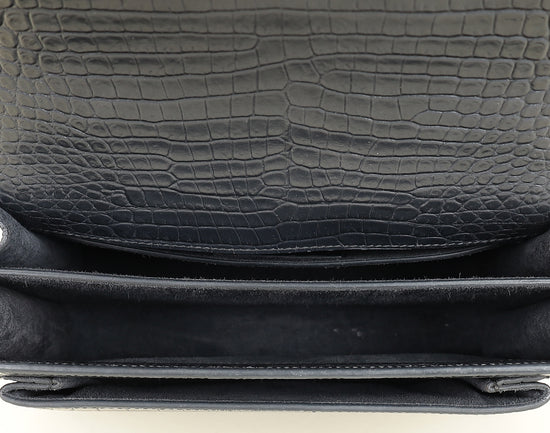 YSL Dark Grey Sunset Croc Embossed Medium Shoulder Bag