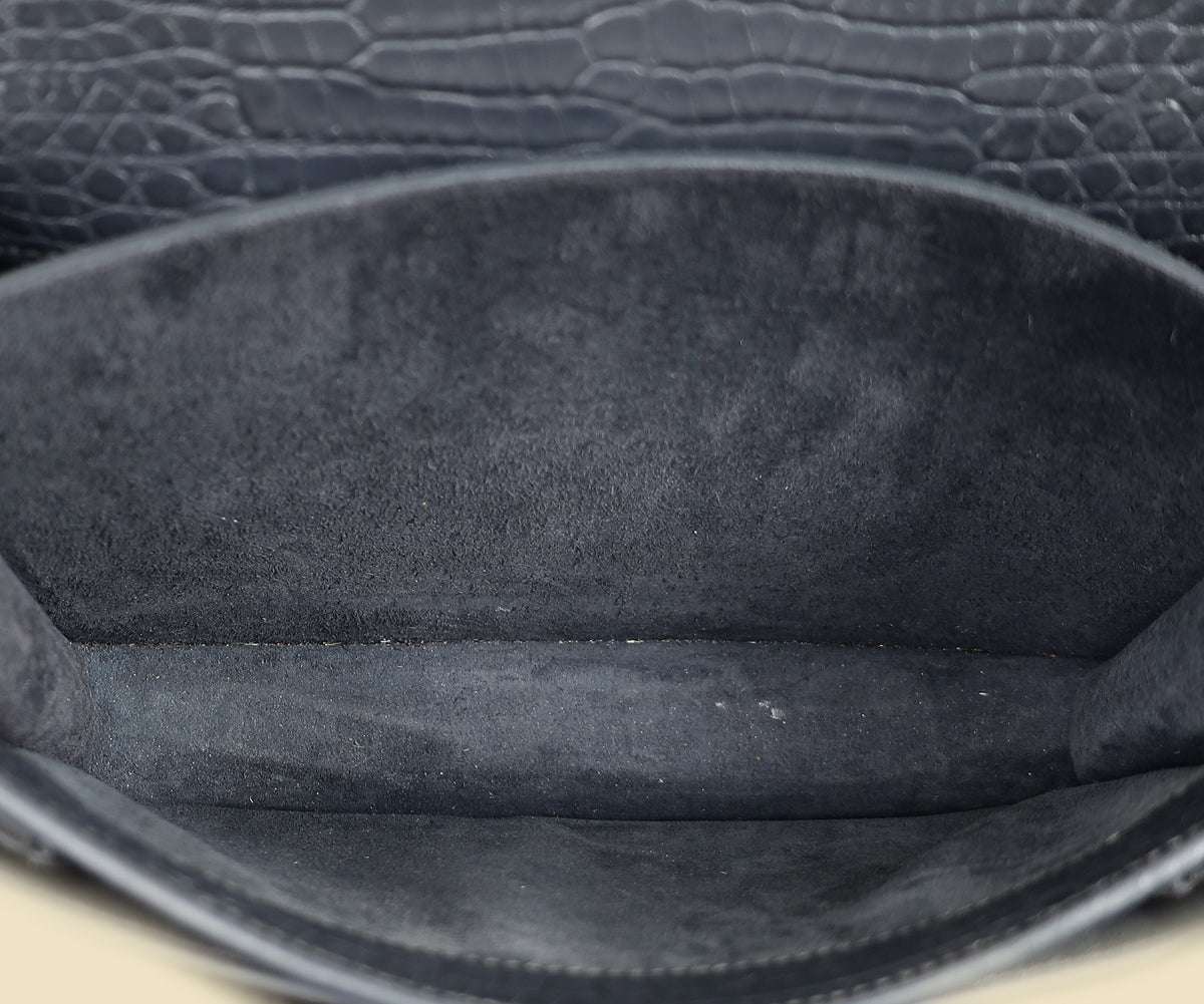 YSL Dark Grey Sunset Croc Embossed Medium Shoulder Bag