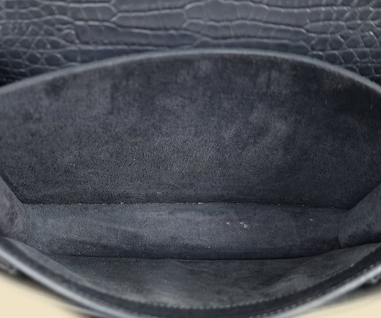 YSL Dark Grey Sunset Croc Embossed Medium Shoulder Bag