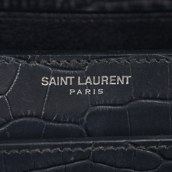 YSL Dark Grey Sunset Croc Embossed Medium Shoulder Bag