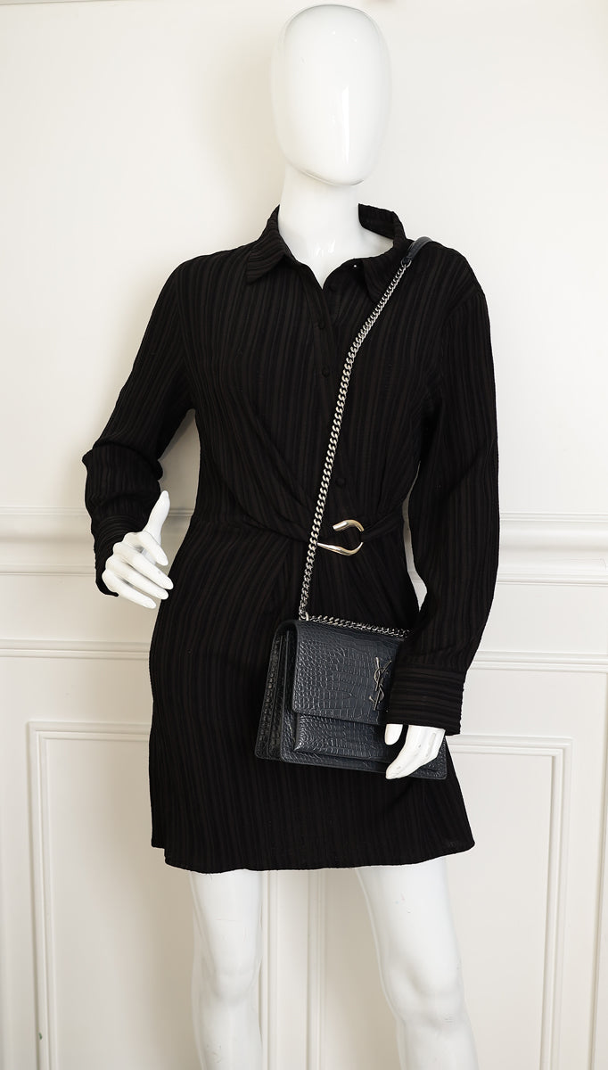 YSL Dark Grey Sunset Croc Embossed Medium Shoulder Bag