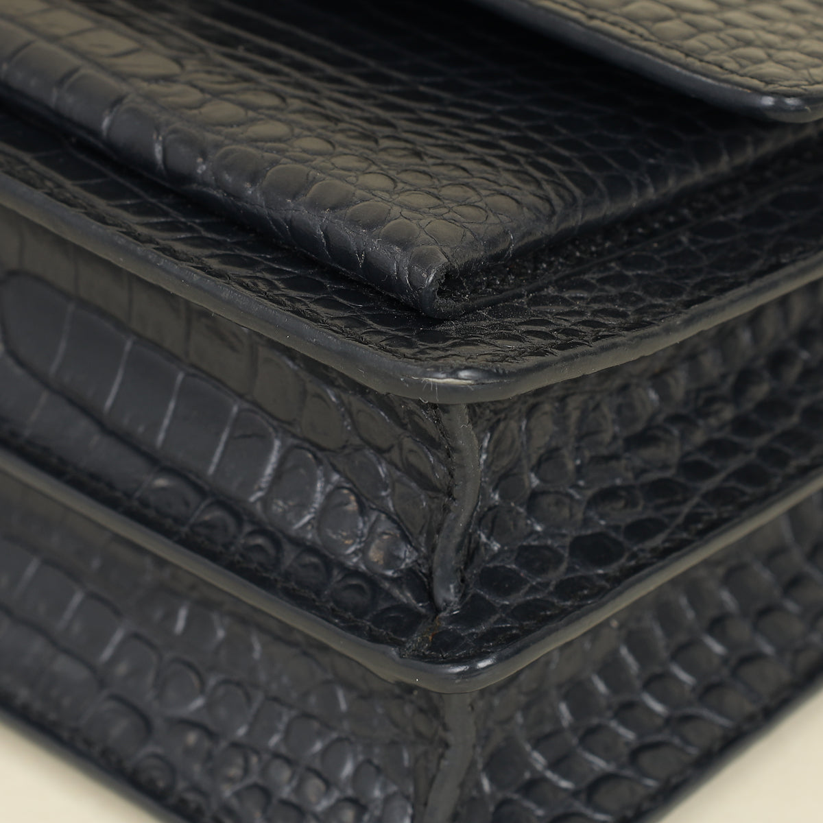 YSL Dark Grey Sunset Croc Embossed Medium Shoulder Bag