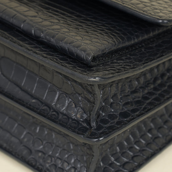 YSL Dark Grey Sunset Croc Embossed Medium Shoulder Bag