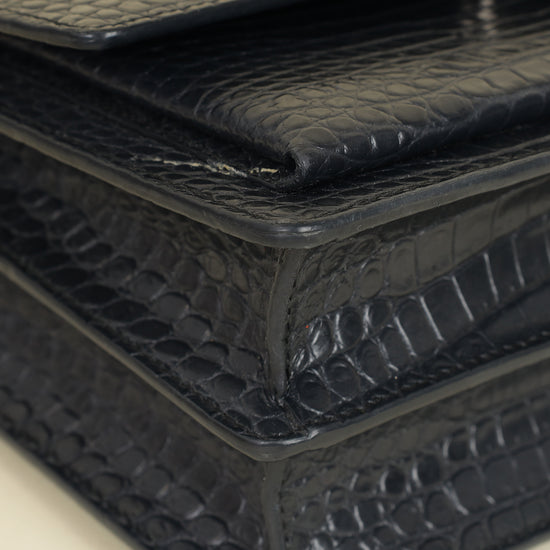 YSL Dark Grey Sunset Croc Embossed Medium Shoulder Bag