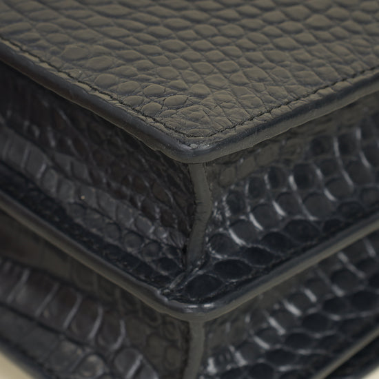 YSL Dark Grey Sunset Croc Embossed Medium Shoulder Bag