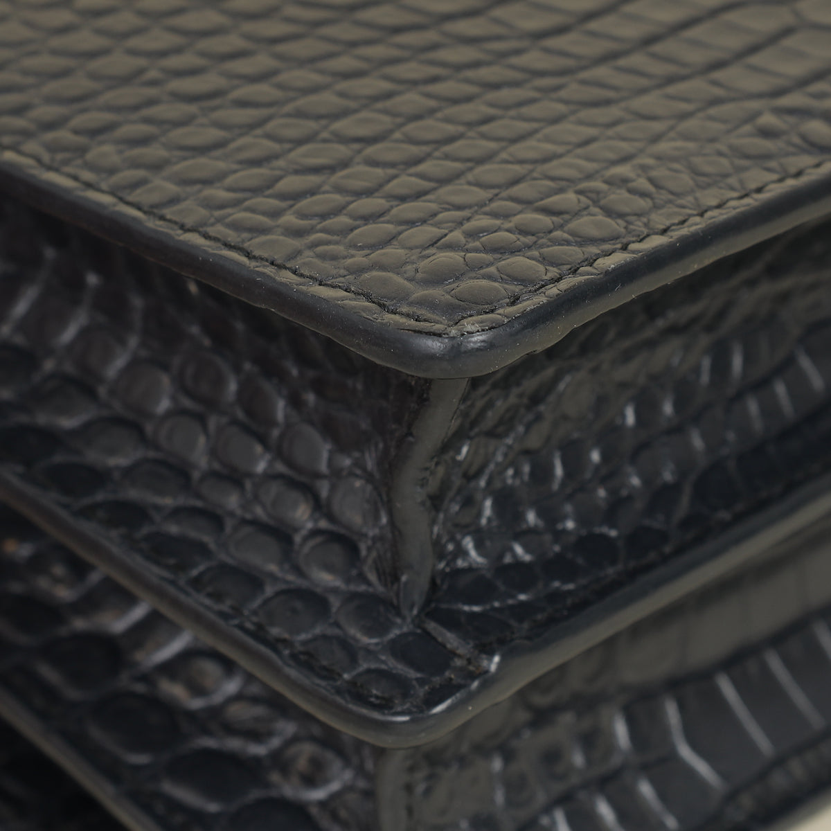 YSL Dark Grey Sunset Croc Embossed Medium Shoulder Bag