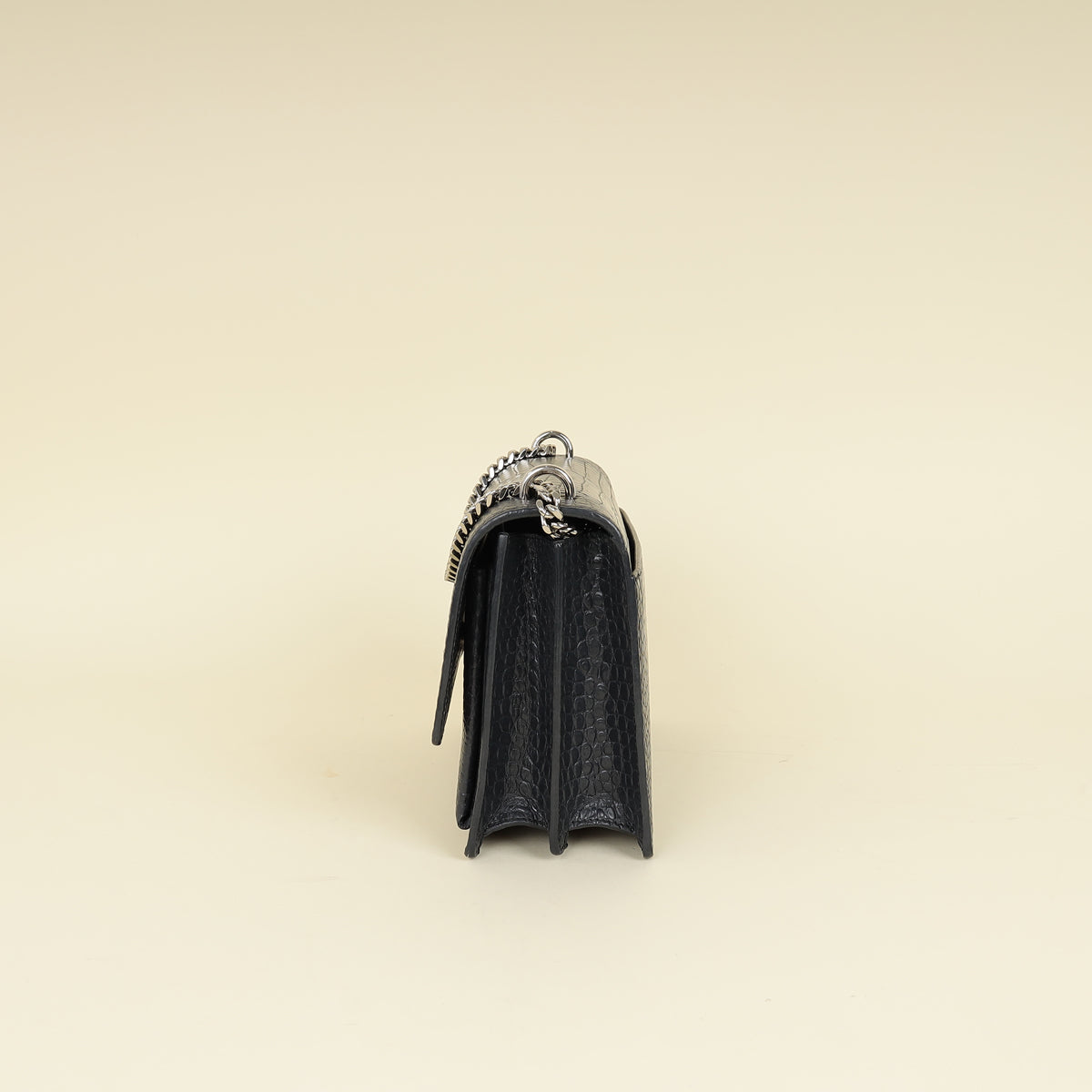 YSL Dark Grey Sunset Croc Embossed Medium Shoulder Bag