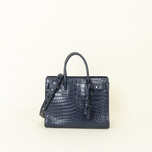 YSL Navy Blue Croco Embossed Sac De Jour Baby Bag