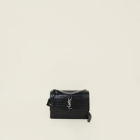 YSL Black Sunset Croco Embossed Medium Bag