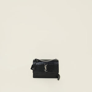YSL Black Sunset Croco Embossed Medium Bag
