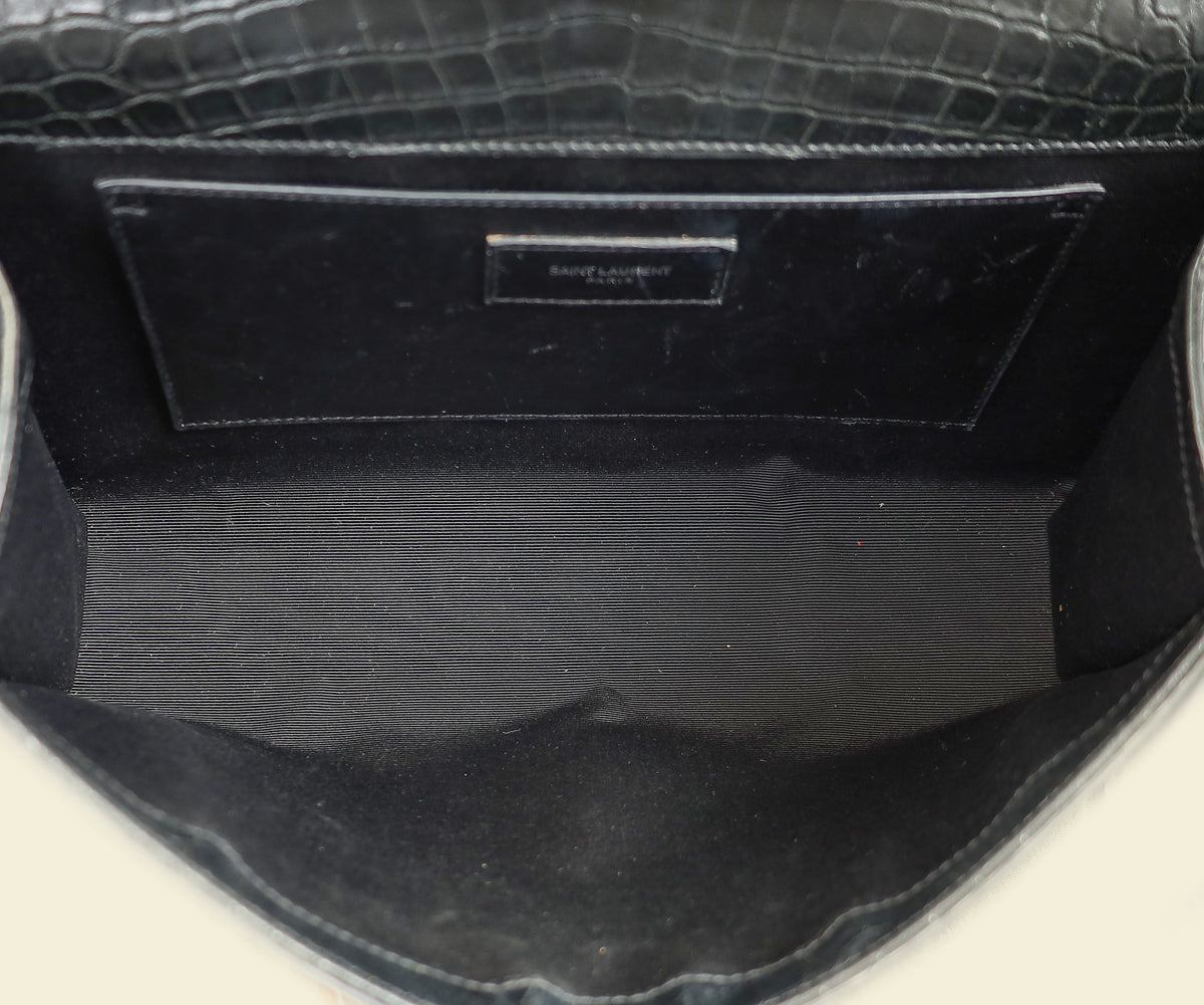 YSL Black Croco Embossed Kate Flap Large Bag