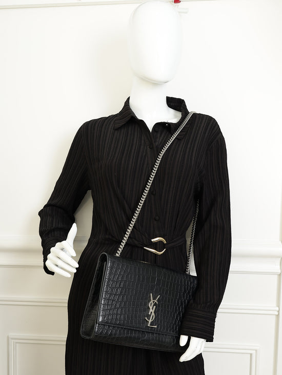 YSL Black Croco Embossed Kate Flap Large Bag