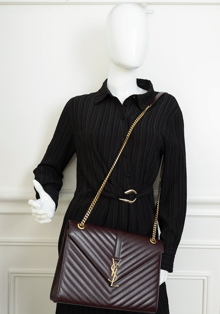 YSL Burgundy Monogram Envelope Large Satchel Bag