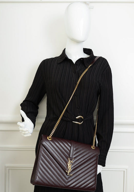 YSL Burgundy Monogram Envelope Large Satchel Bag
