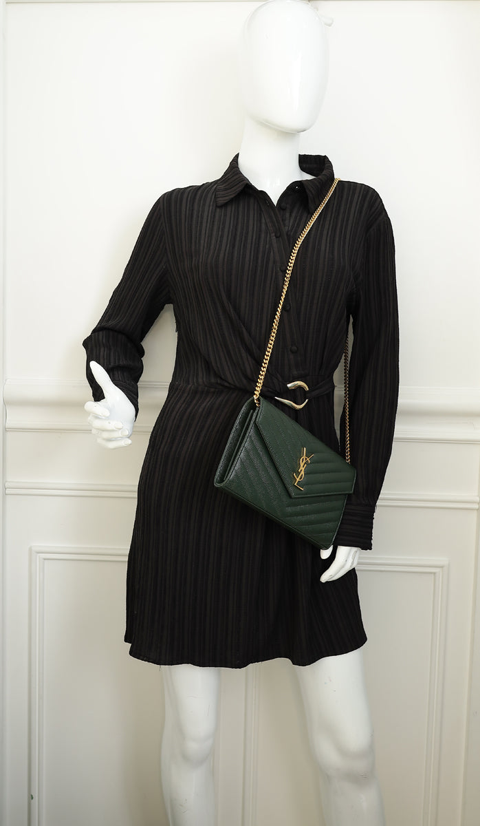 YSL Forest Green Cassandre Chevron Chain Wallet