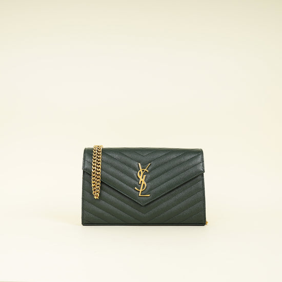 YSL Forest Green Cassandre Chevron Chain Wallet