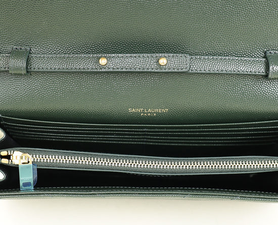 YSL Forest Green Cassandre Chevron Chain Wallet
