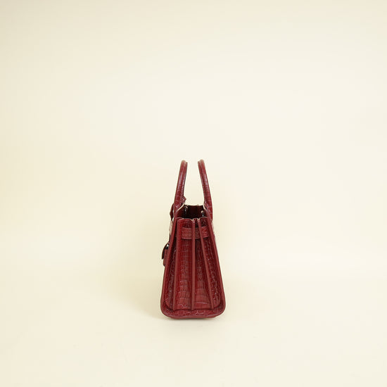 YSL Red Sac De Jour Croco Embossed Nano Bag