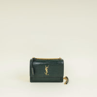 YSL Dark Green Sunset Croco Embossed Medium Shoulder Bag