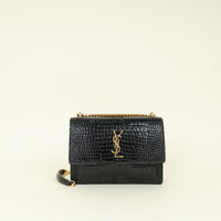 YSL Black Sunset Medium Croco Embossed Shoulder Bag