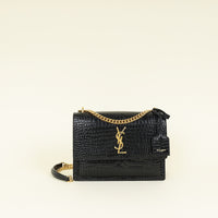 YSL Black Sunset Medium Croco Embossed Shoulder Bag