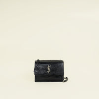YSL Black Sunset Croco Embossed Medium Shoulder Bag