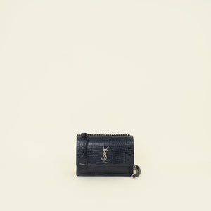 YSL Navy Croco Embossed Sunset Medium Chain Bag